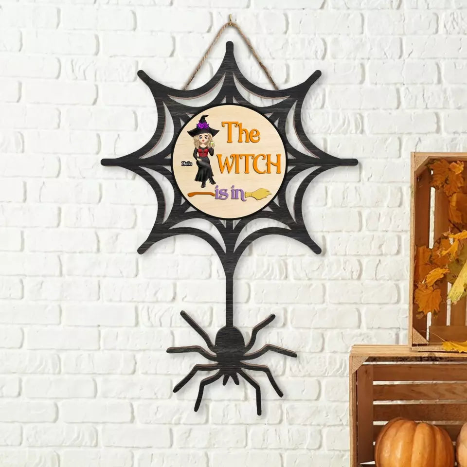 The Witch Is In - Personalized Wood Sign, Wooden Door Sign Custom Shaped, Halloween Gift - DS148AN