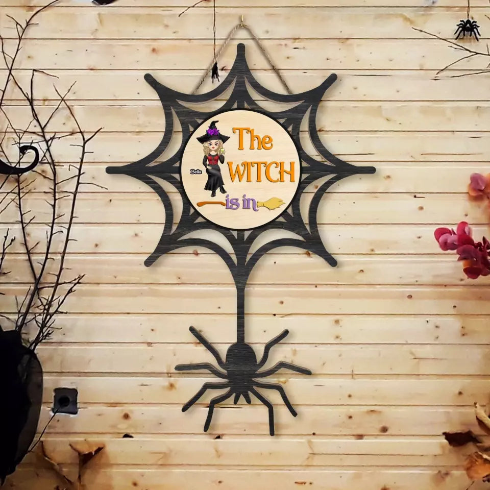 The Witch Is In - Personalized Wood Sign, Wooden Door Sign Custom Shaped, Halloween Gift - DS148AN