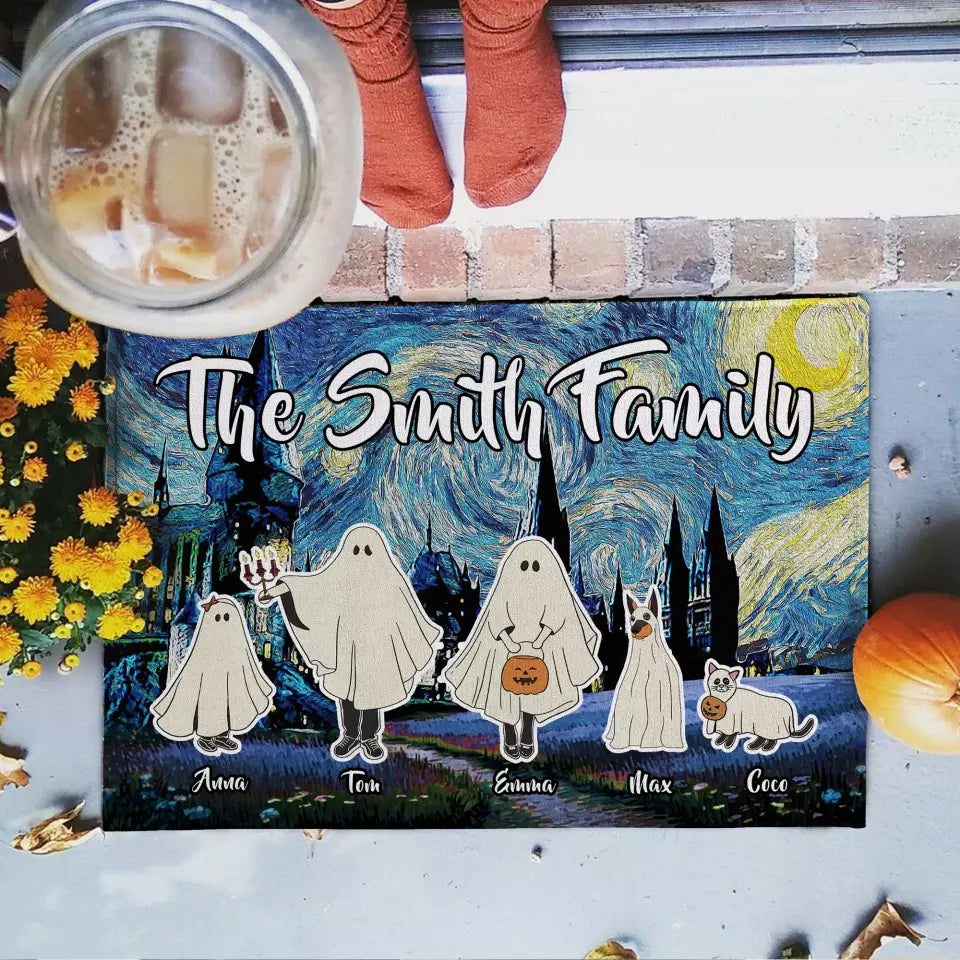 Starry Night Halloween Spooky Ghost Family - Personalized Doormat, Halloween Gift For Family, Home Decor - DM151AN