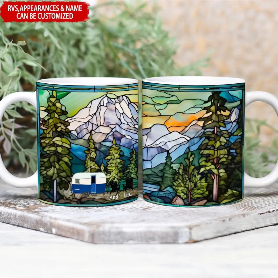 Stained Glass Mountain Camping Wild Life - Personalized Mug, Gift For Camping Lovers - M108AN