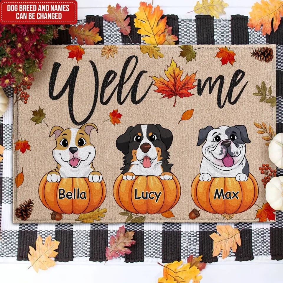 Welcome Pumpkin With Dogs - Personalized Doormat, Gift For Dog Lover, Fall Welcome Mat - DM145TL