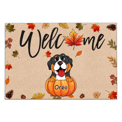Welcome Pumpkin With Dogs - Personalized Doormat, Gift For Dog Lover, Fall Welcome Mat - DM145TL