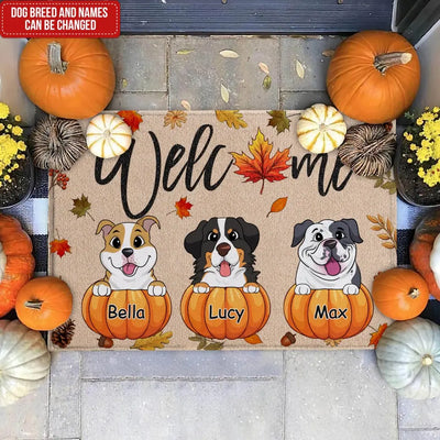 Welcome Pumpkin With Dogs - Personalized Doormat, Gift For Dog Lover, Fall Welcome Mat - DM145TL