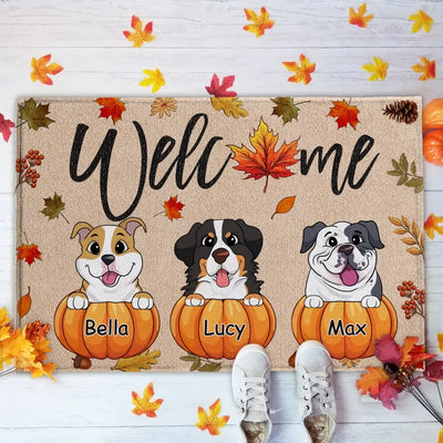 Welcome Pumpkin With Dogs - Personalized Doormat, Gift For Dog Lover, Fall Welcome Mat - DM145TL