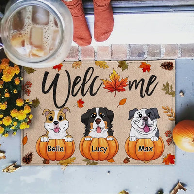 Welcome Pumpkin With Dogs - Personalized Doormat, Gift For Dog Lover, Fall Welcome Mat - DM145TL