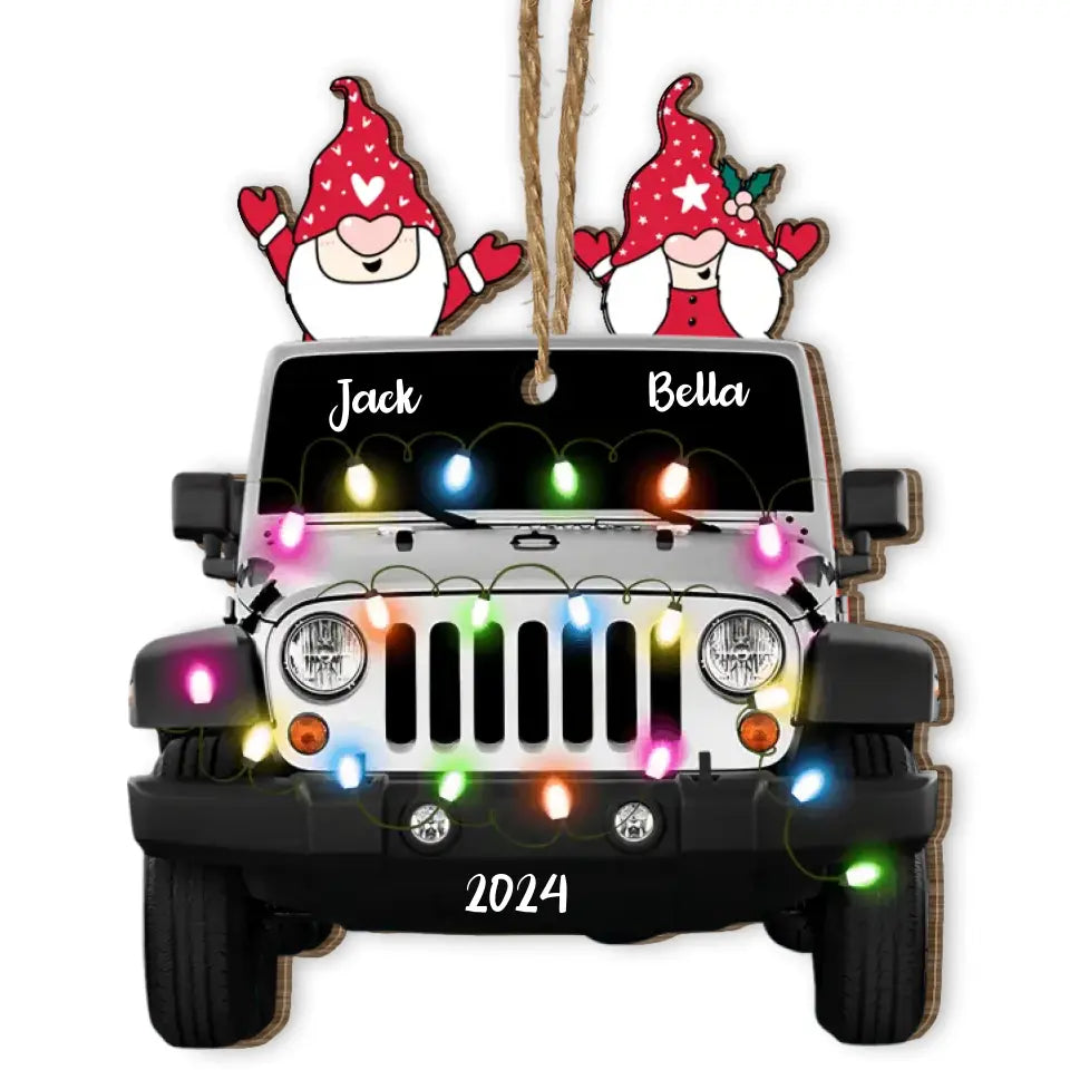 Gnome With Jeep Car Light Christmas - Personalized Wooden Ornament, Gift For Jeep Lover, Christmas Gift For Couple, Husband and Wife