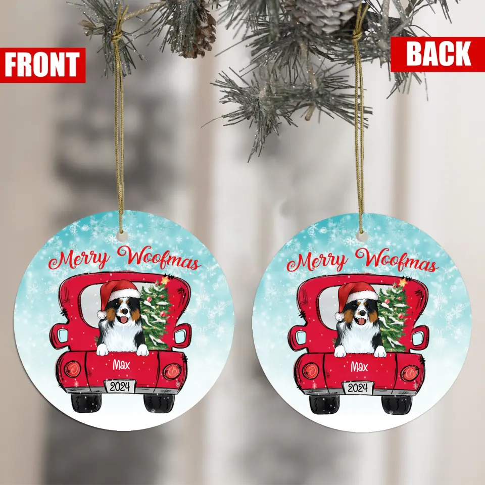 Merry Woofmas (PRINTED ON BOTH SIDES) - Personalized Circle Ornament