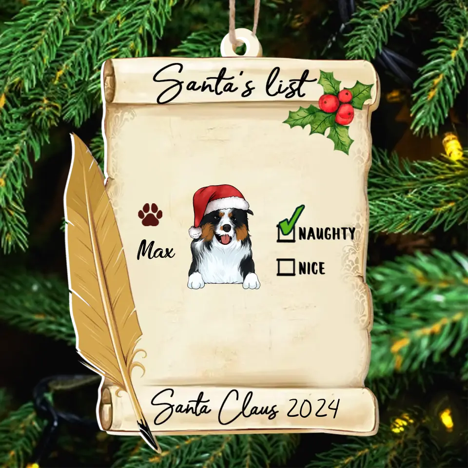 Santa's List Funny Christmas Wood Ornament, Custom Shaped Ornament, Gift For Dog Lovers