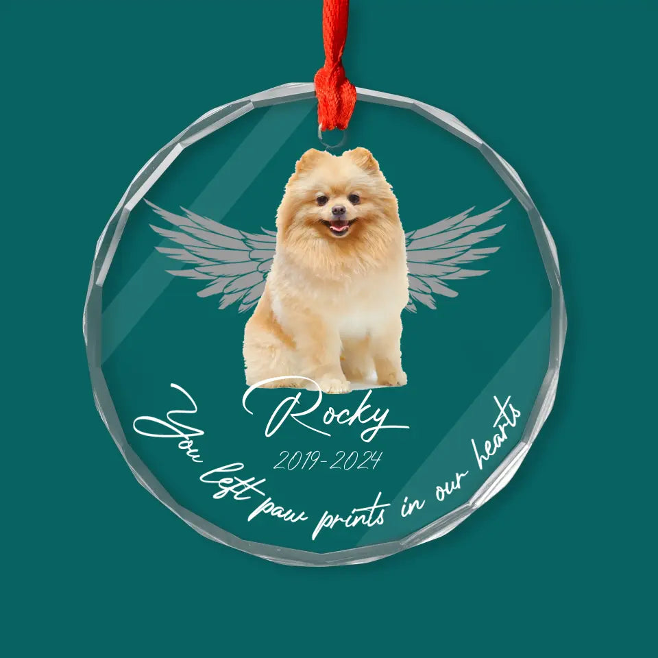 You Left Paw Prints In Our Hearts - Personalized Glass Ornament, Memorial Gift For Dog Lover, Memorial Glass Ornament - GO164TL