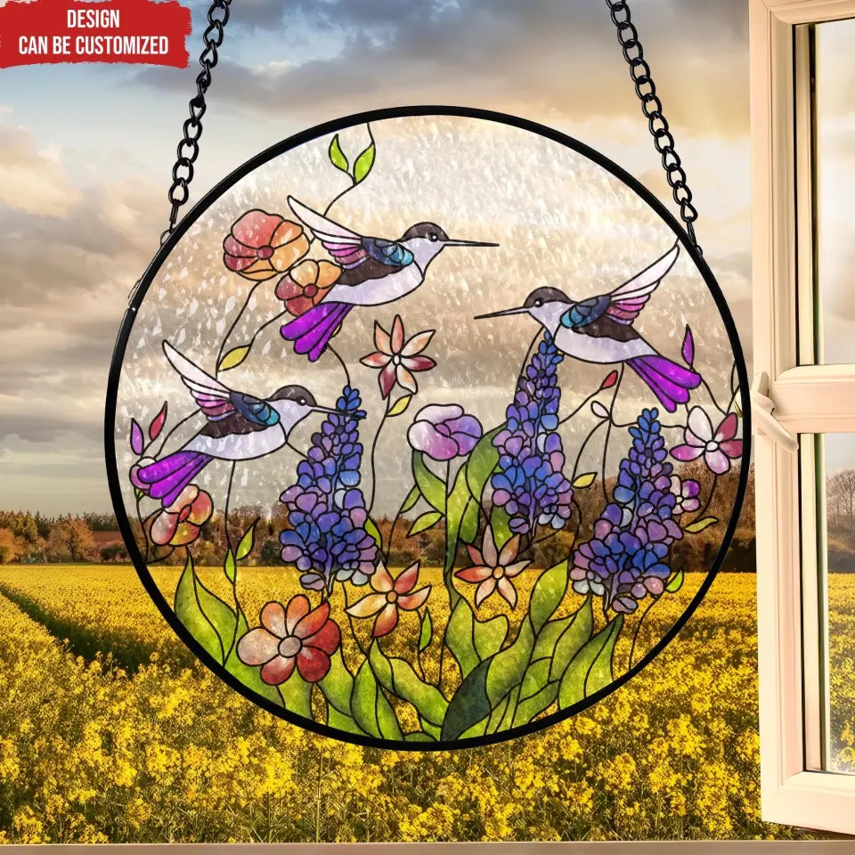 Hummingbirds and Wild Flowers  - Personalized Window Stained Glass, Hanging Suncatcher - WSG83TL