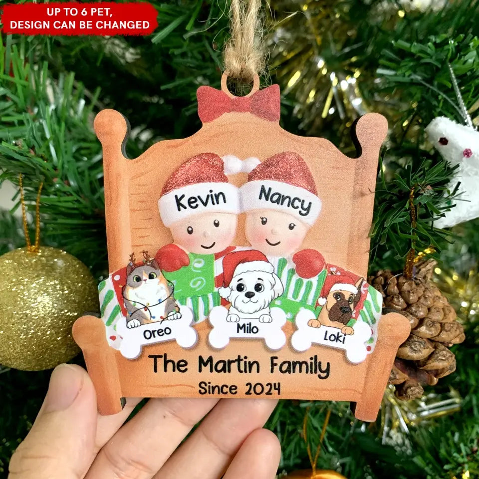 Personalized Couple Snuggled In Bed With Dog - Christmas Gift - Christmas Ornaments - Personalized Couple Ornament - OCP309