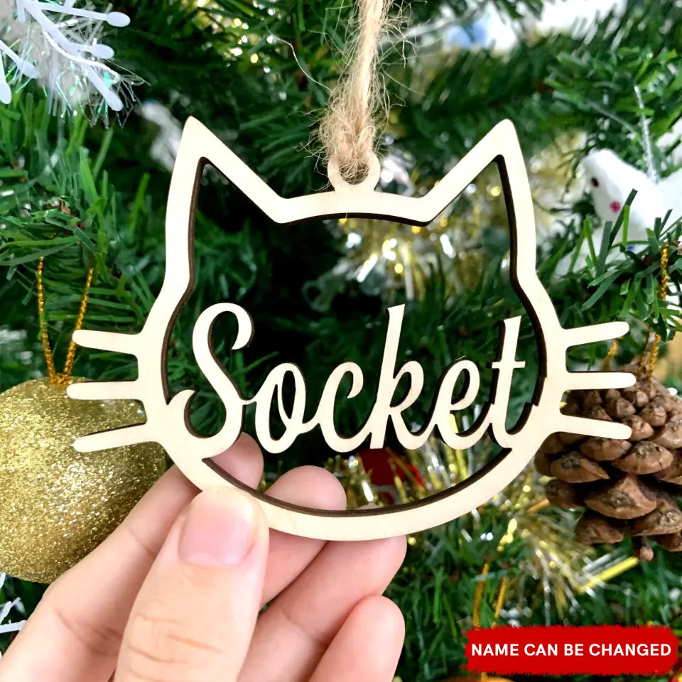 Personalized Cat Face Wood Ornament, Wooden Christmas Ornament