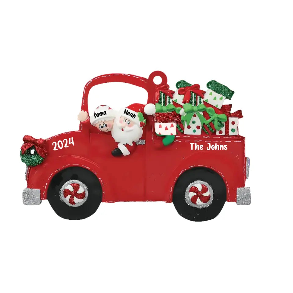 Red Truck With Family  - Personalized Wooden Ornament, Gift for Family - ORN182