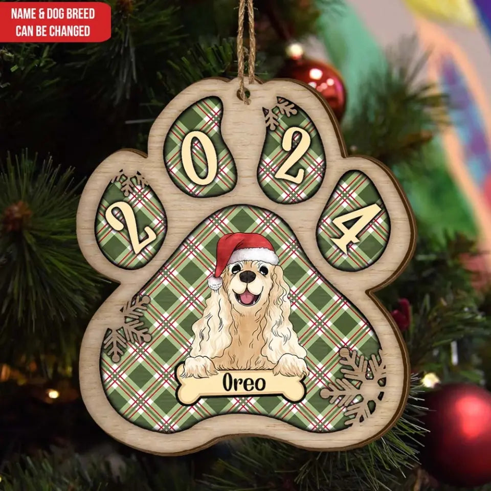 Custom Christmas Wooden Paws Ornament | Dog, Cat, And Snow |  Plaid Pattern | Customized Decoration Gift For Pet Lovers