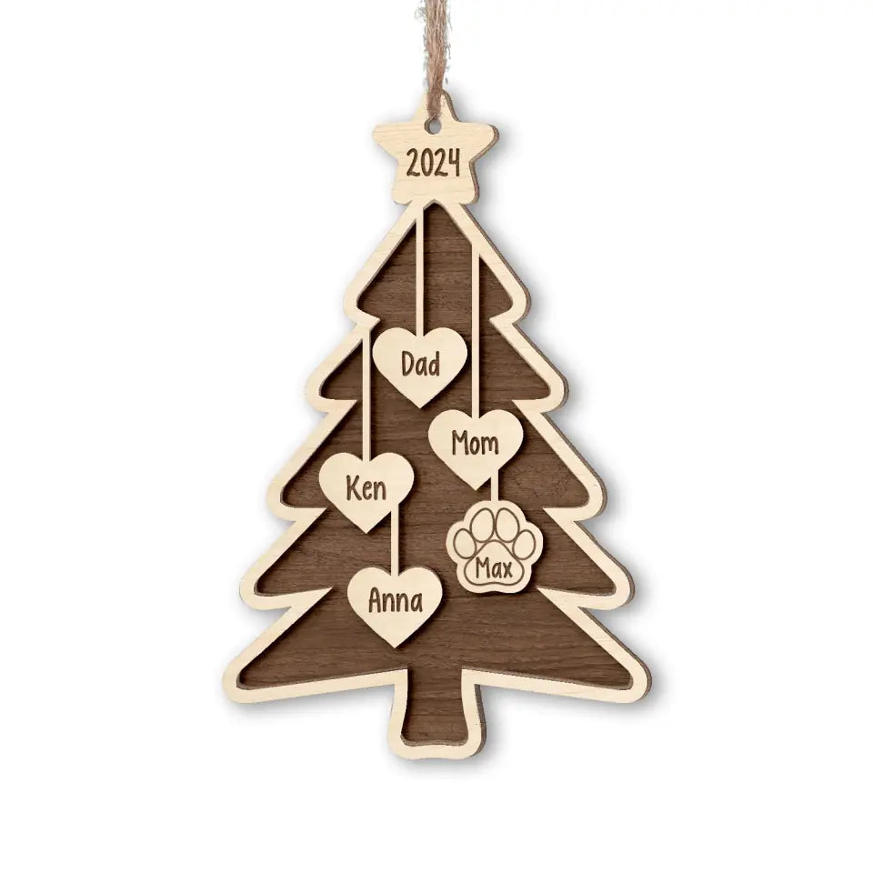 Family Christmas Tree With Family Member Names - Personalized 2 Layer Wooden Ornament, Custom Holiday Wooden - ORN158TL