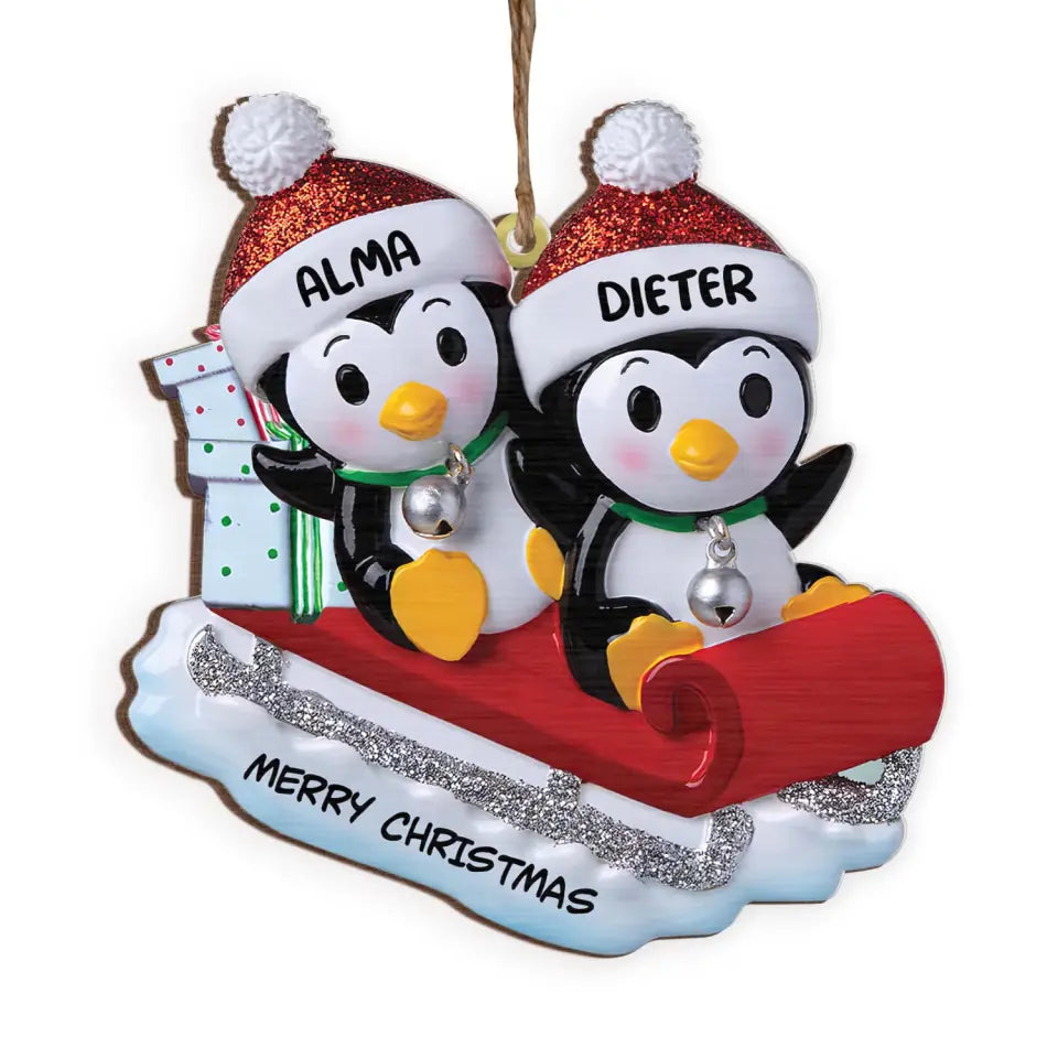 Penguin Family On Sled - Personalized Wooden Ornament, Penguin Family Christmas Ornament - ORN219AN