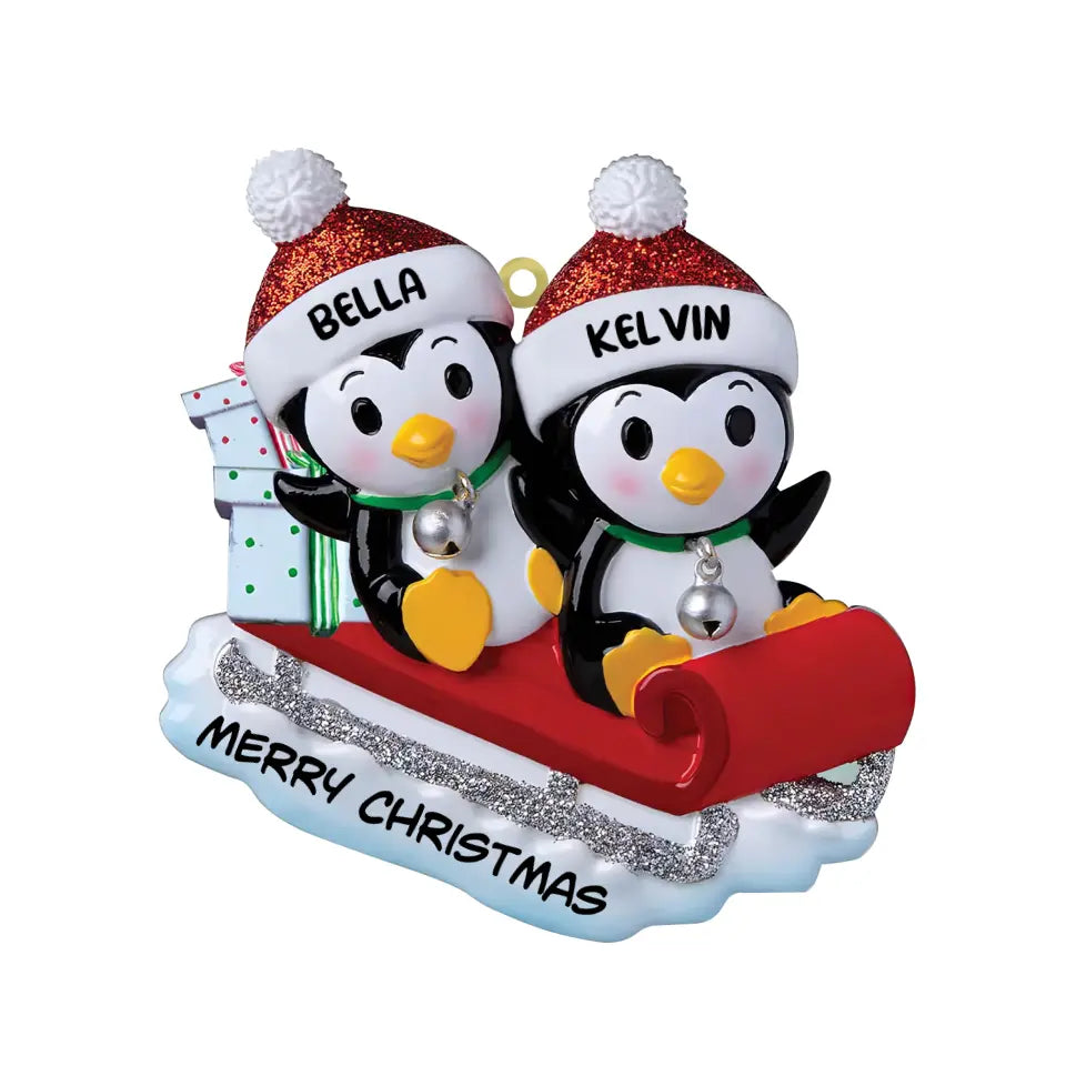 Penguin Family On Sled - Personalized Wooden Ornament, Penguin Family Christmas Ornament - ORN219AN