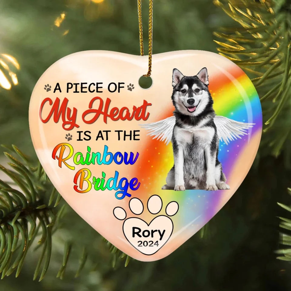 A Piece Of My Heart Is At The Rainbow Bridge - Personalized Ornament, Gift For Dog Lover, memorial ornament, cardinal memorial ornament, memorial christmas ornament, angel memorial ornament, personalized memorial christmas ornament, personalized memorial ornament, memorial photo ornament