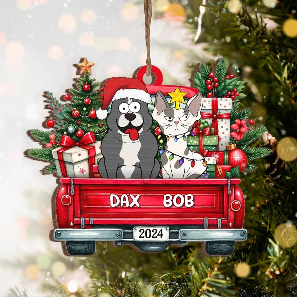 Christmas Pets and Truck - Personalized Wooden Ornament , Christmas Gift For Pet Lover, dog lover ornament, custom dog ornament, dog ornaments,ornament, personalized ornament,dog lover gift, dog lover, dog,gifts for dog lovers,dog,