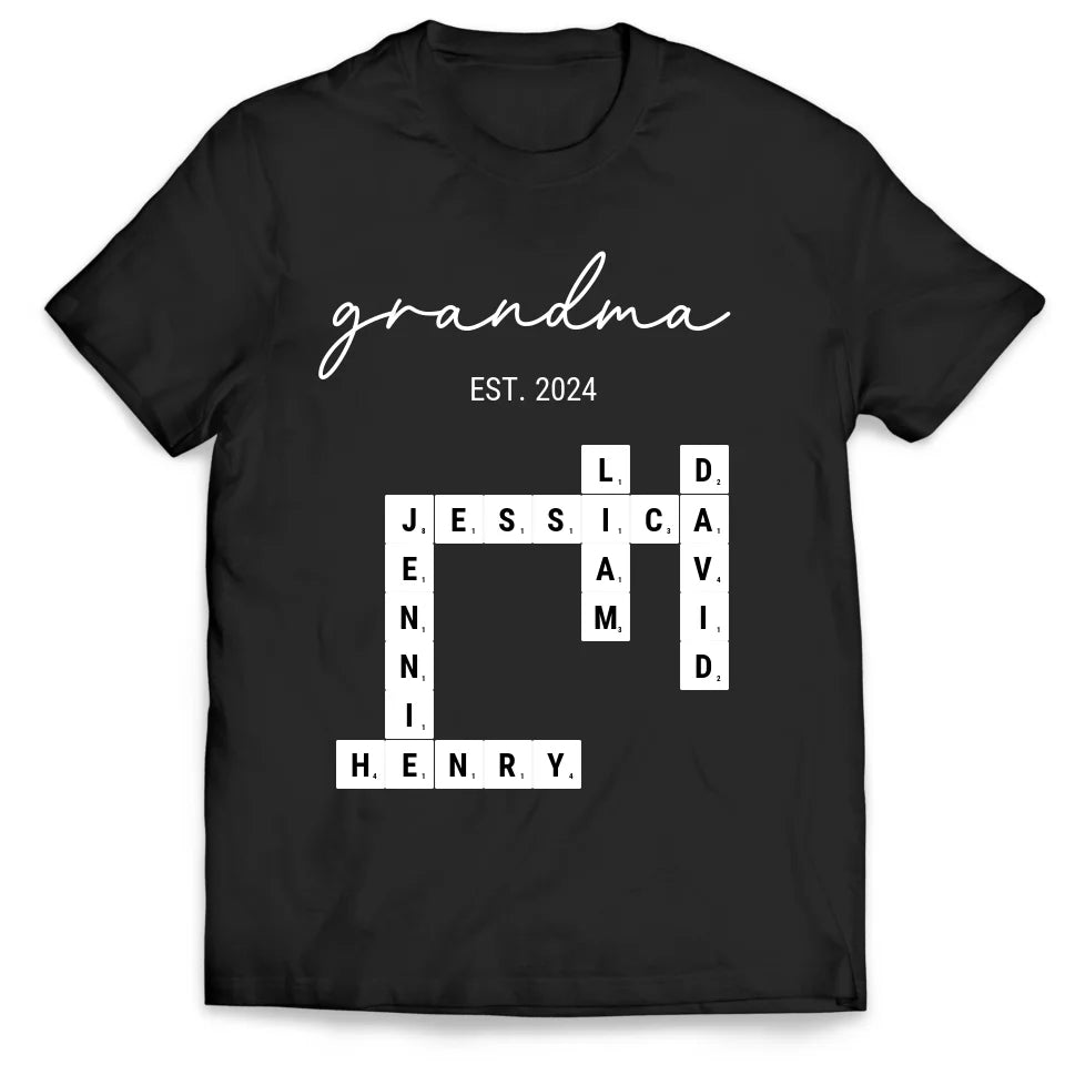 Established Grandma Crossword Puzzle Grandkids Name - Personalized T-Shirt, Gift For Mom/Grandma/Nana - TS140UP