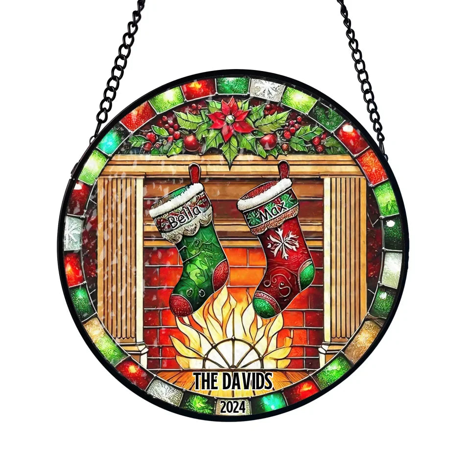 Family Stockings on Fireplace - Personalized Window Stained Glass, Suncatcher Hanging - WSG136UP