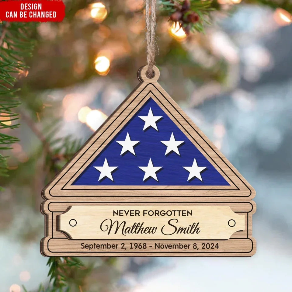 Folded Flag Military Memorial - Personalized 2 Layer Wooden Ornament, Memorial Keepsake, Sympathy Gifts, Patriotic Gifts, memorial ornament, cardinal memorial ornament, memorial christmas ornament, angel memorial ornament, personalized memorial christmas ornament, personalized memorial ornament, 