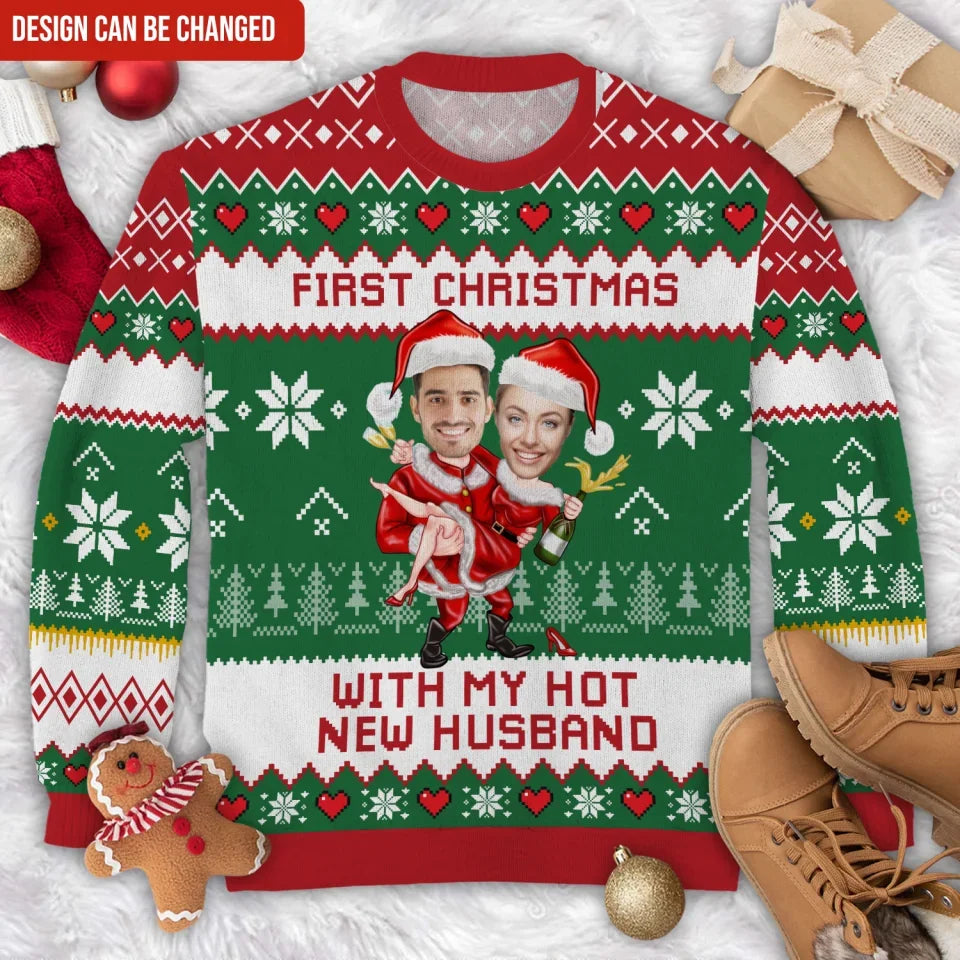 First Christmas With My Hot New Husband - Personalized Wool Sweater, Funny All-Over-Print Sweatshirt, Couple Sweater