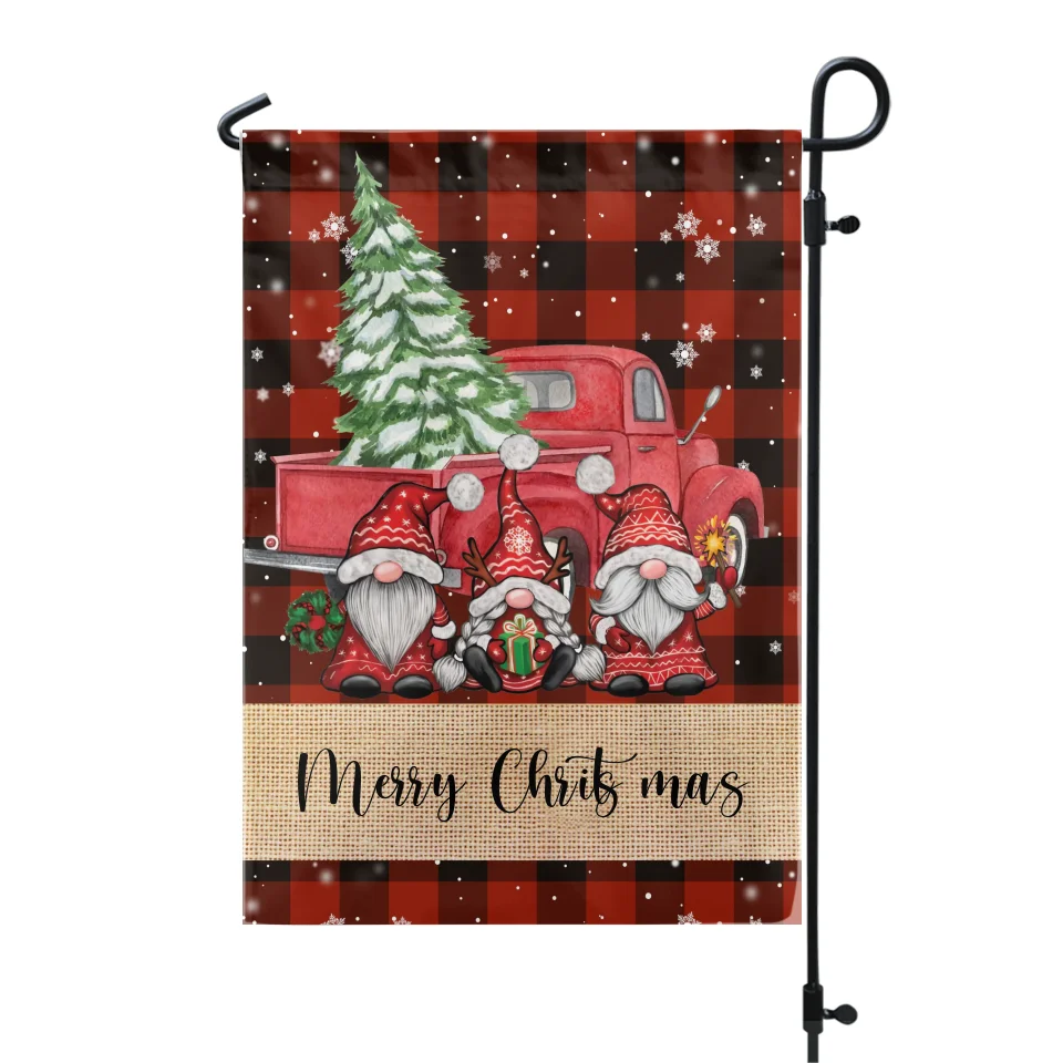 Gnomes Snowing Red Truck - Personalized Garden Flag, Buffalo Plaid with Gnomes Snowing Red Truck Trees - GF564AN