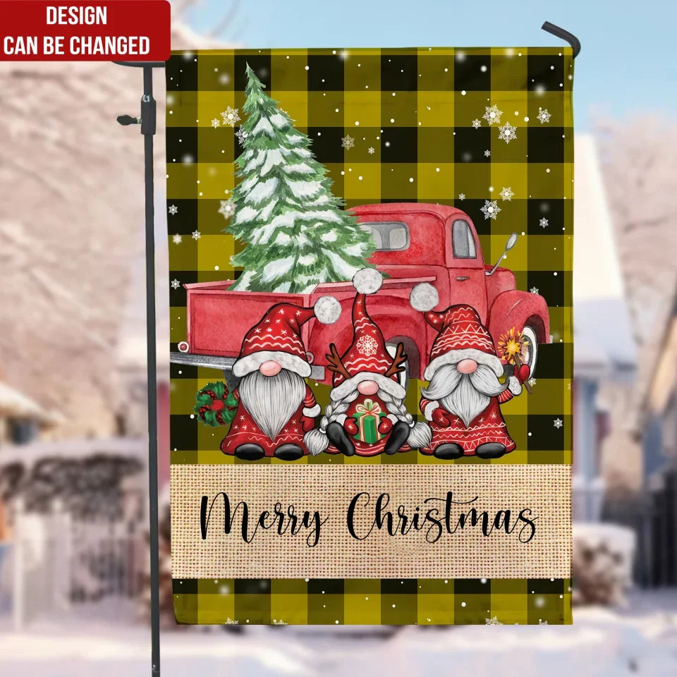 Gnomes Snowing Red Truck - Personalized Garden Flag, Buffalo Plaid with Gnomes Snowing Red Truck Trees - GF564AN