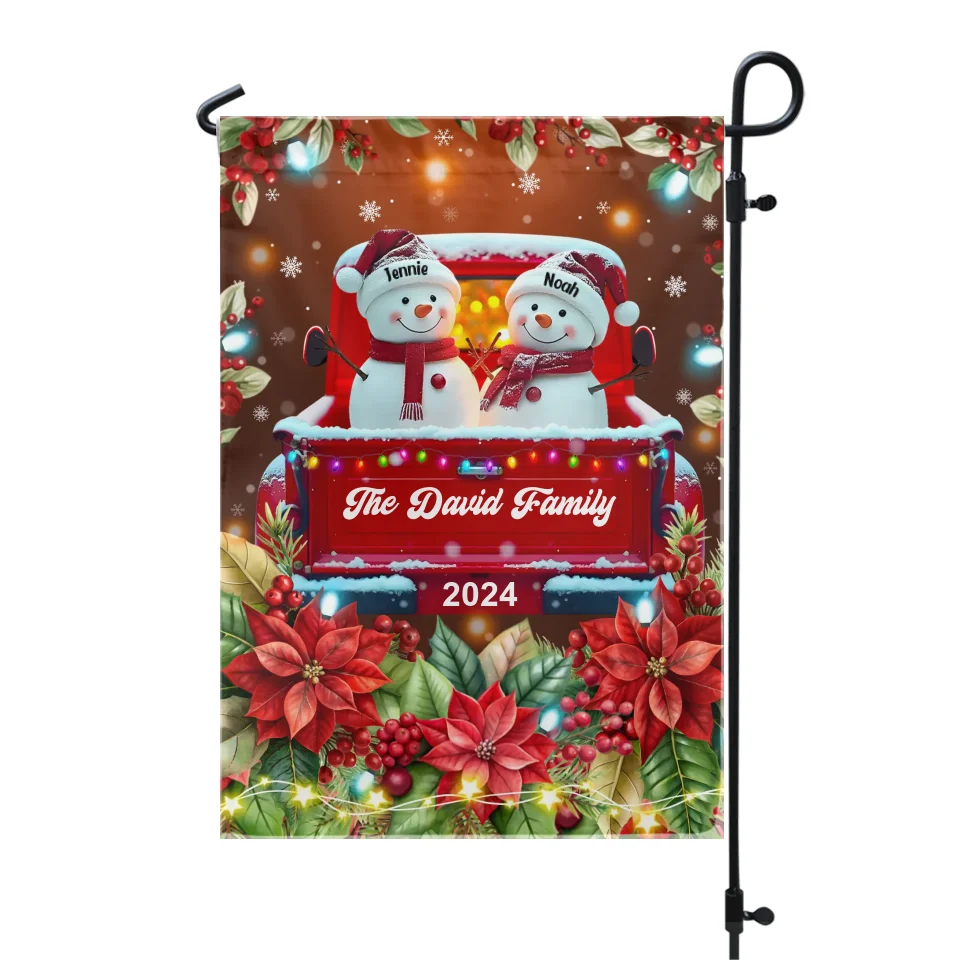 Snowman On Red Truck - Personalized Garden Flag, Christmas Snowman On Red Truck - GF559AN