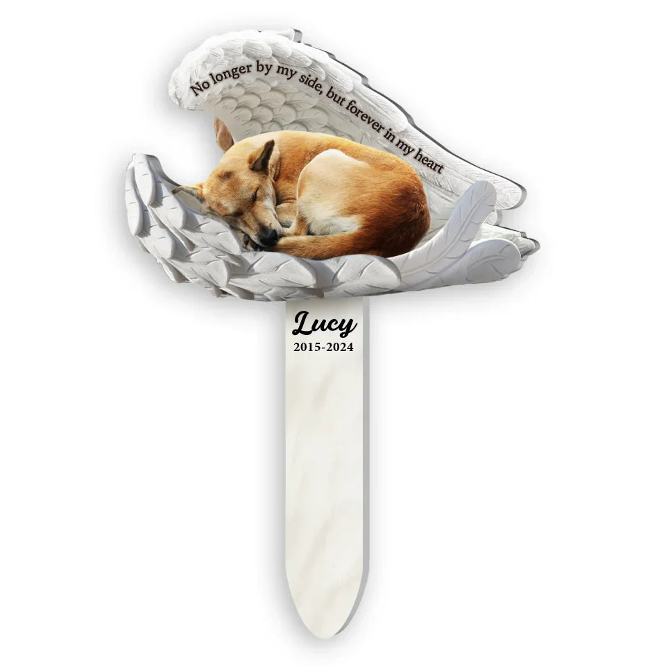 Sleeping Dog In Angel&#39;s Wing No Longer By My Side - Personalized Plaque Stake, Dog In Angel&#39;s Wing Memorial - PS575AN