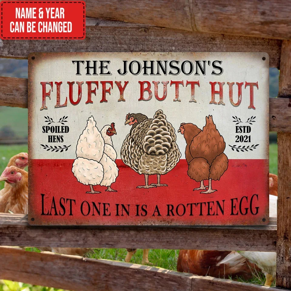 Chicken Fluffy Butt Hut - Personalized Metal Sign, Metal Chicken Sign Custom Family Name 