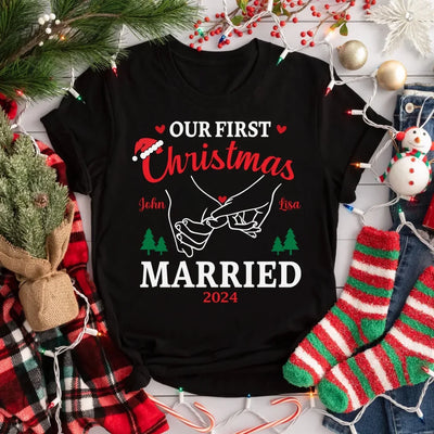 Our First Christmas Married - Personalized T-Shirt, Newlywed Shirt, Gift for Couples - TS452YV