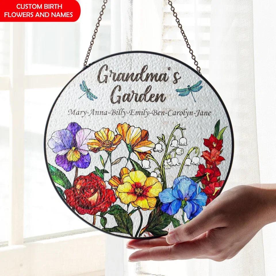 Custom Garden Birth Flowers - Personalized Window Stained Glass, Suncatcher Hangings, Gift For Grandma - WSG181UP