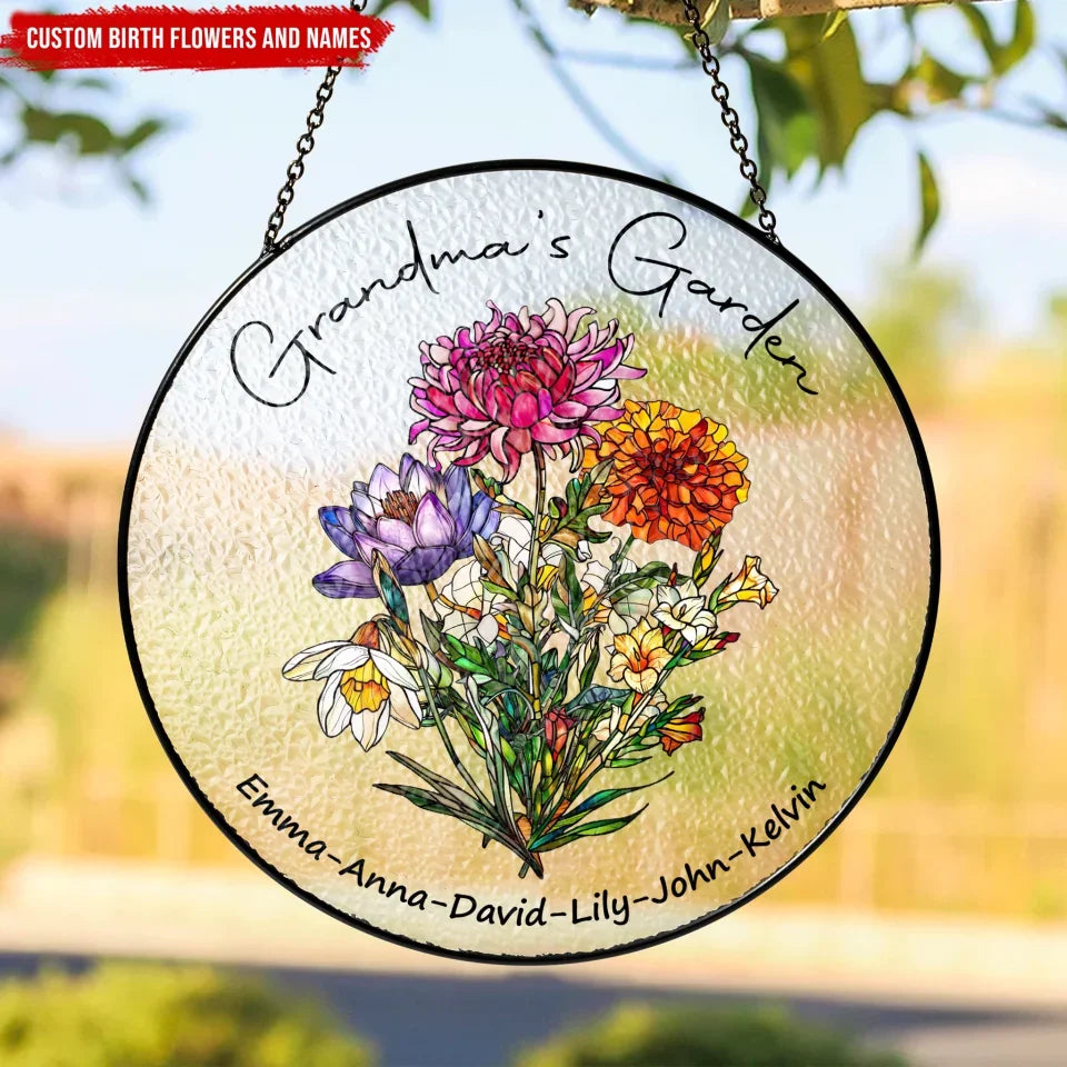 Grandma's Garden Birth Birth Month Flowers - Personalized Window Stained Glass, Suncatcher Garden Decor - WSG182UP