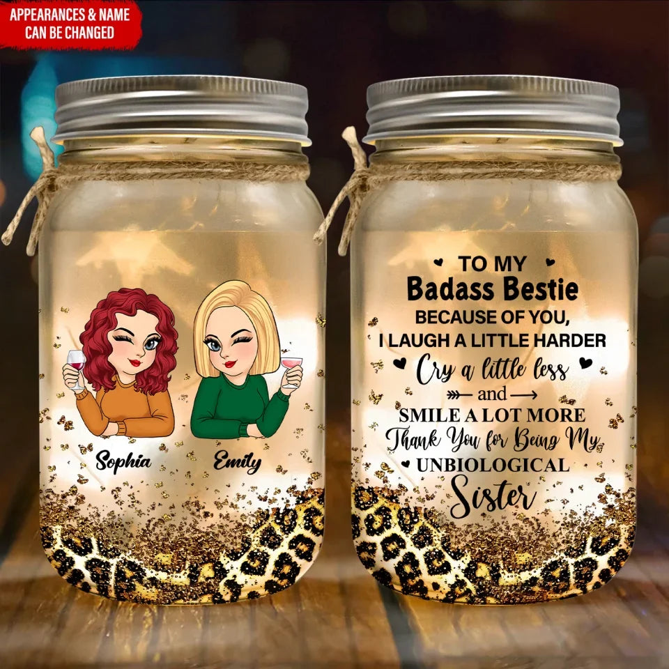 To My Badass Bestie - Personalized Mason Jar Light, Unique Gift For Bestie, Best Friend Gift 