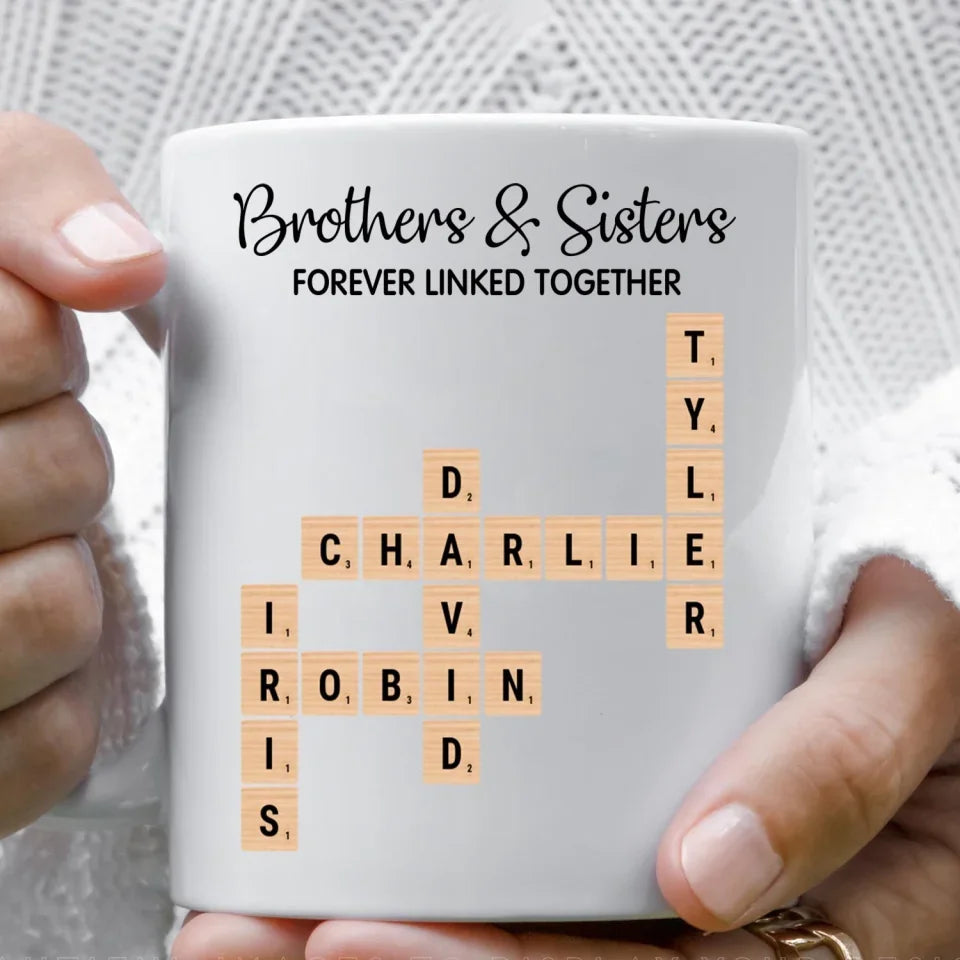 Brothers & Sisters Forever Linked Together - Personalized Mug, Crossword Puzzle Art,  Gift For Brothers, Sisters, Siblings, Family - M598AN