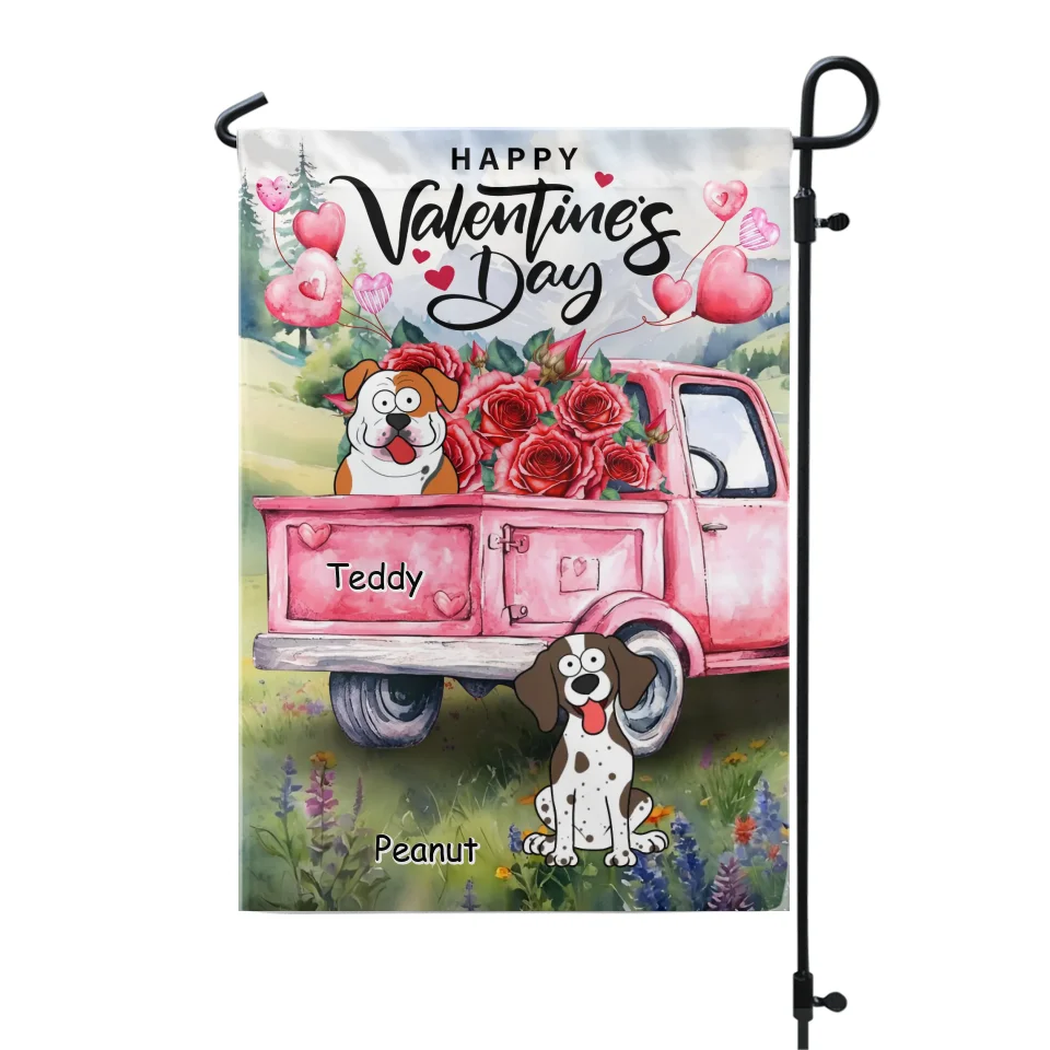 Pink Rose Flower Red Truck Dog - Personalized Garden Flag, Valentine Dog Garden Flag, Love Gift - GF600AN