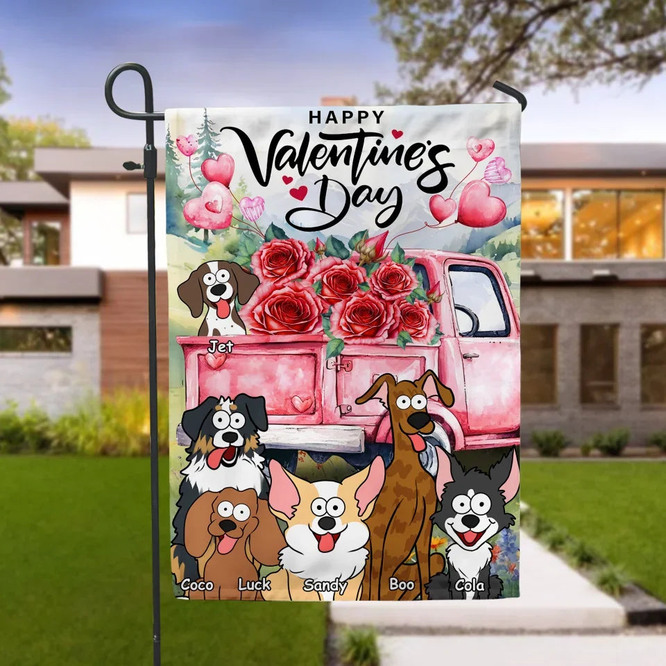 Pink Rose Flower Red Truck Dog - Personalized Garden Flag, Valentine Dog Garden Flag, Love Gift - GF600AN