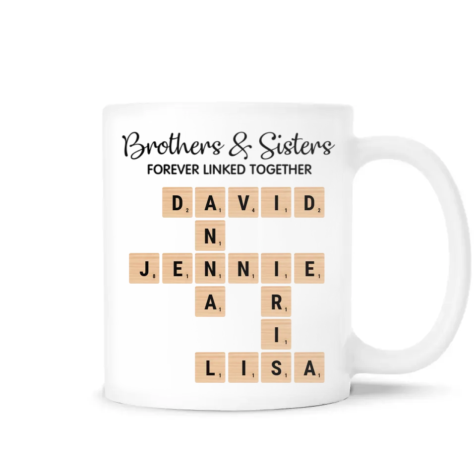 Brothers &amp; Sisters Forever Linked Together - Personalized Mug, Crossword Puzzle Art,  Gift For Brothers, Sisters, Siblings, Family - M598AN