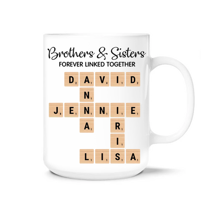 Brothers & Sisters Forever Linked Together - Personalized Mug, Crossword Puzzle Art,  Gift For Brothers, Sisters, Siblings, Family - M598AN