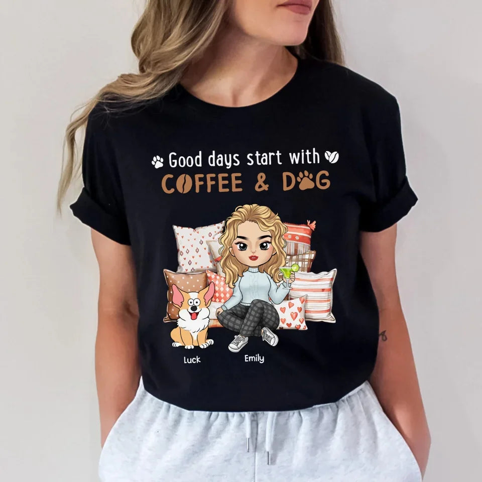 Good Days Start With Coffee & Dogs - Personalized T-Shirt, Dog Mom Gift, Dog Lover Gift - TS477YV