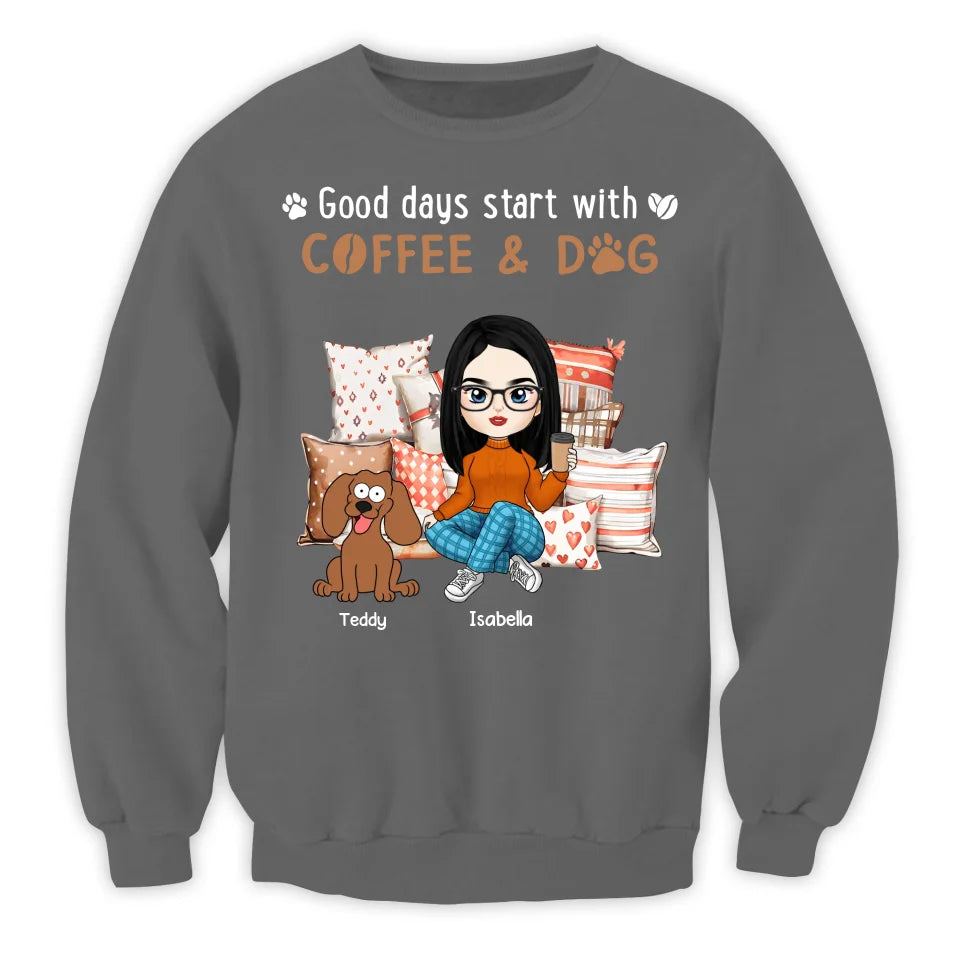 Good Days Start With Coffee & Dogs - Personalized T-Shirt, Dog Mom Gift, Dog Lover Gift - TS477YV