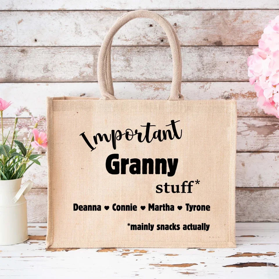 Important Grandma Stuff - Personalized Jute Tote Bag, Custom Grandkids Gift For Grandma/Nana