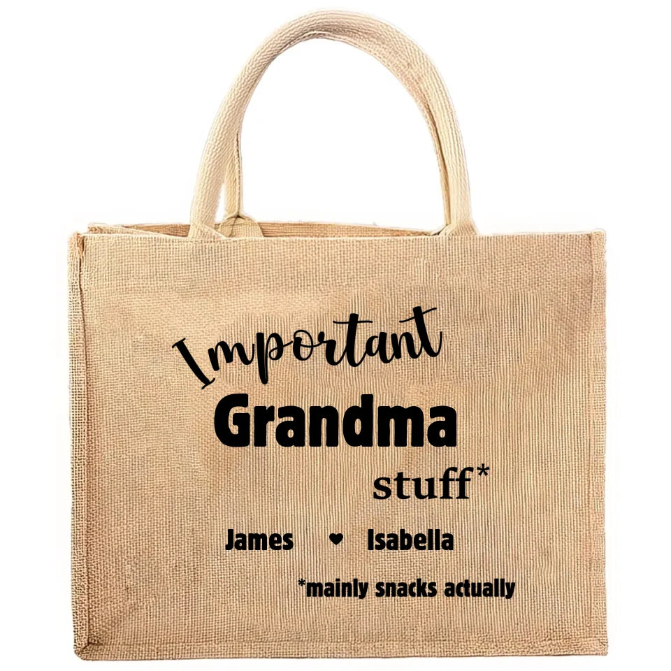 Important Grandma Stuff - Personalized Jute Tote Bag, Custom Grandkids Gift For Grandma/Nana - JTB184UP