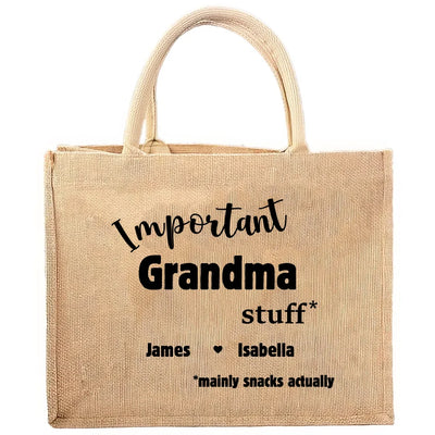 Important Grandma Stuff - Personalized Jute Tote Bag, Custom Grandkids Gift For Grandma/Nana - JTB184UP