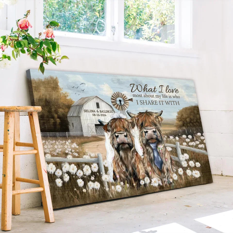 What I Love Most About My Life Is Who I Share It With - Personalized Canvas, Vintage Highland Cow Canvas, Couple Home Decor - CA499YV