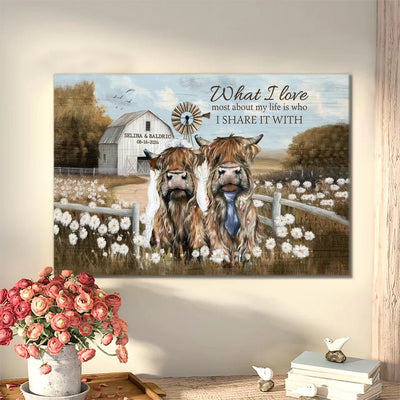 What I Love Most About My Life Is Who I Share It With - Personalized Canvas, Vintage Highland Cow Canvas, Couple Home Decor - CA499YV