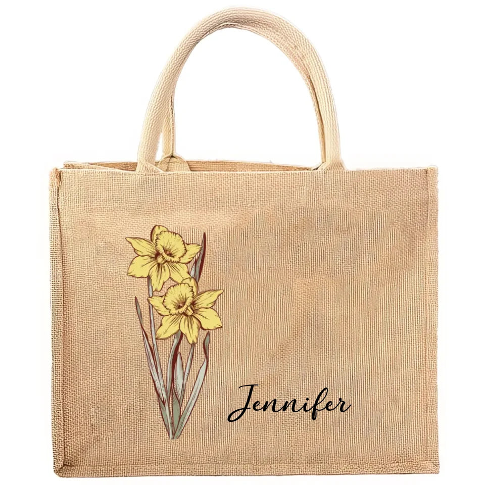 Custom Name Birth Flower - Personalized Jute Tote Bag, Gift For Birthday, Wedding, Besties - JTB195UP