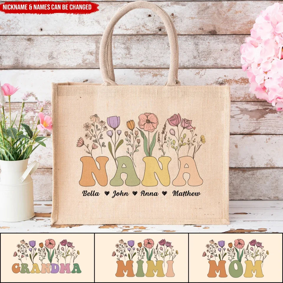 Retro Custom Nana Wildflowers - Personalized Jute Tote Bag, Gift For Mom/Grandma/Nana - JTB202UP